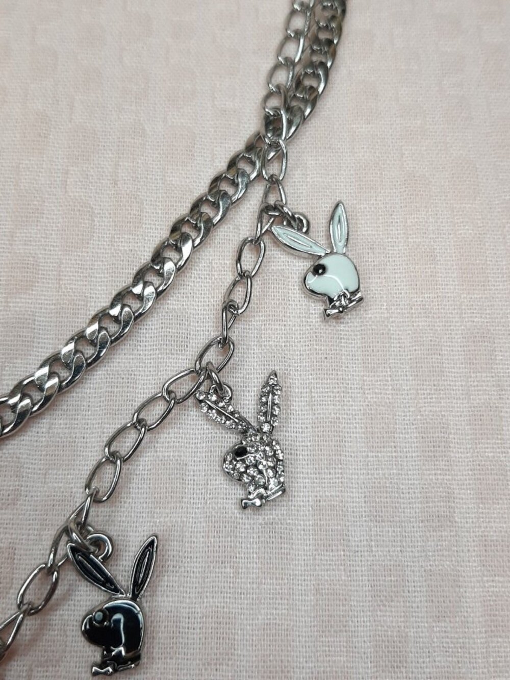 Playboy Bunny Necklace Silver Tone Y2K Layered Chainlink Enamel Rhinestones - Picture 6 of 7
